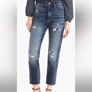 J. Crew Distressed High-Rise Straight Jeans - Dark Blue